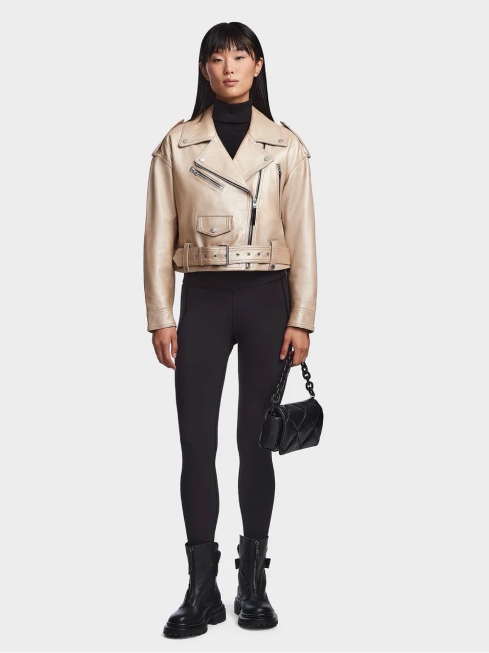 RUDSAK Metallic Ivory Leather Biker Jacket with Black Trim